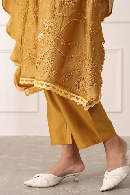 Buy_Midori By Sgv_Mustard Cotton, Chanderi, Silk Pearls, Embroidered Kaftan And Straight Pants _Online_at_Aza_Fashions