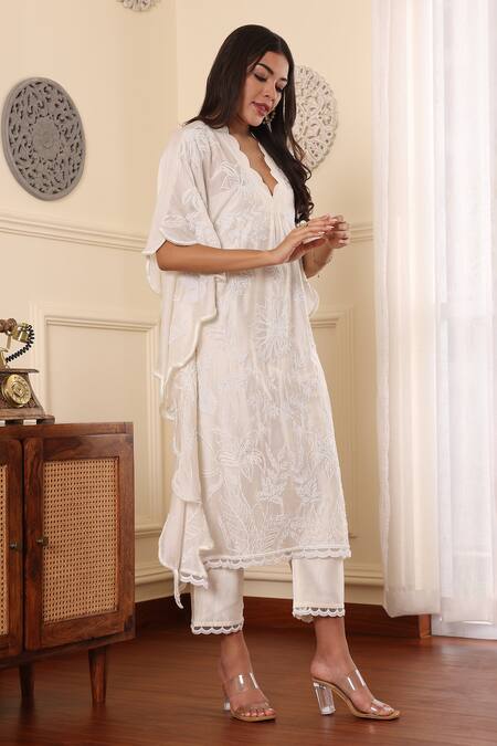 Buy_Midori By Sgv_White Cotton, Silk Pearls, Sequins V-neck Embroidered V Kaftan Set _Online_at_Aza_Fashions