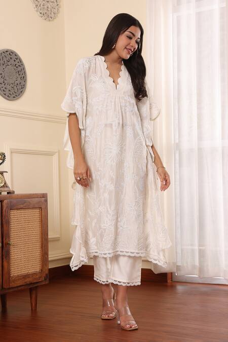 Shop_Midori By Sgv_White Cotton, Silk Pearls, Sequins V-neck Embroidered V Kaftan Set _Online_at_Aza_Fashions