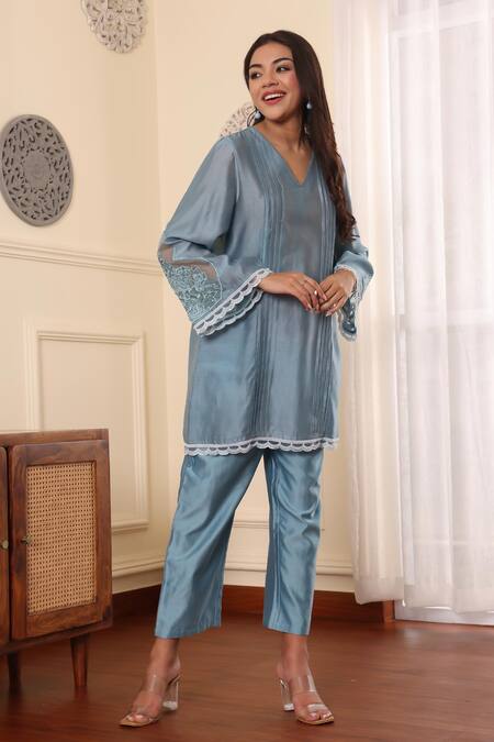 Buy_Midori By Sgv_Blue Cotton, Chanderi Sequins A-line Kurta Set With Embellished Sleeves _Online_at_Aza_Fashions