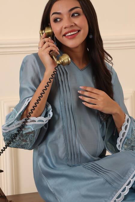 Midori By Sgv_Blue Cotton, Chanderi Sequins A-line Kurta Set With Embellished Sleeves _at_Aza_Fashions