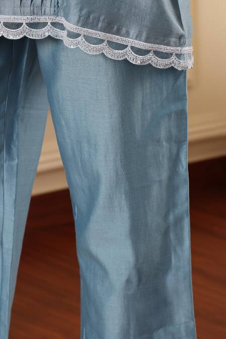 Buy_Midori By Sgv_Blue Cotton, Chanderi Sequins A-line Kurta Set With Embellished Sleeves 