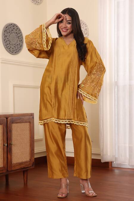 Shop_Midori By Sgv_Mustard Cotton, Silk, Chanderi Sequins, Cut Work Round Neck A-line Kurta Set _Online_at_Aza_Fashions