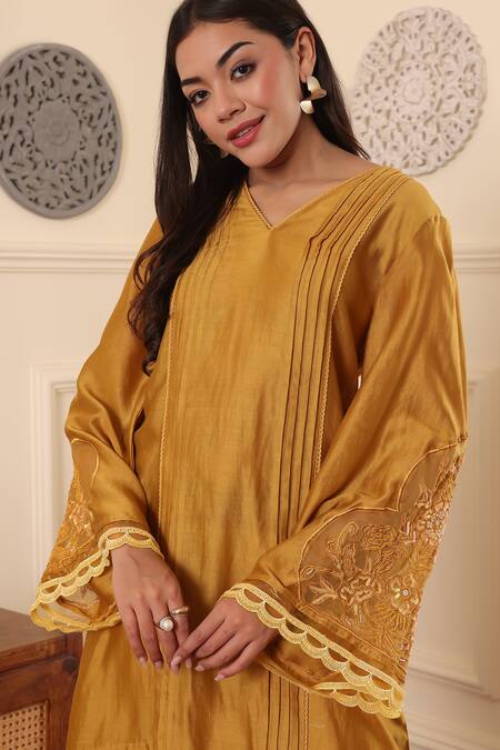 Midori By Sgv_Mustard Cotton, Silk, Chanderi Sequins, Cut Work Round Neck A-line Kurta Set _at_Aza_Fashions