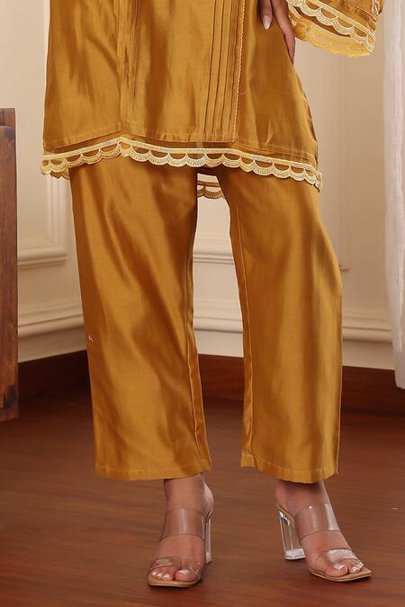 Buy_Midori By Sgv_Mustard Cotton, Silk, Chanderi Sequins, Cut Work Round Neck A-line Kurta Set 