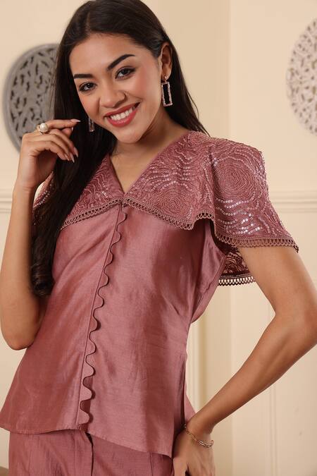 Buy_Midori By Sgv_Pink Chanderi Cape Style Top And Pant Set 