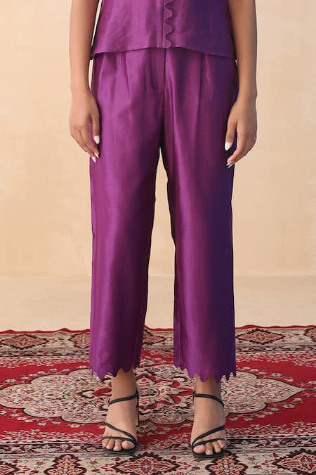 Midori By Sgv_Purple Chanderi, Cotton, Silk Cut Work, Sequins V-neck Cape Style Top And Pant Set _Online_at_Aza_Fashions