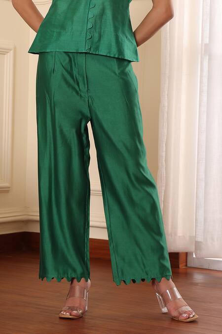 Midori By Sgv_Green Cotton, Silk, Chanderi Embroidery V-neck Cape Style Embellished Pant Set _Online_at_Aza_Fashions