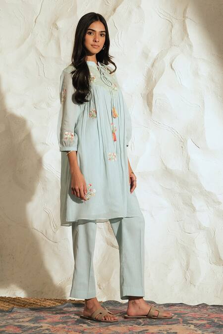 Samatvam By Anjali Bhaskar Aqua Embroidery, Tassels Round Neck Pastel Blue Floral Kurta Set Online at Aza Fashions Samatvam By Anjali Bhaskar_Aqua Embroidery, Tassels Round Neck Pastel Blue Floral Kurta Set _Online_at_Aza_Fashions