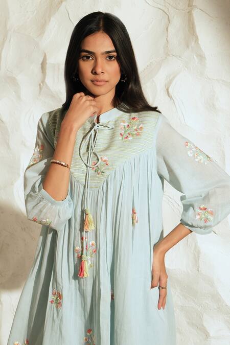 Buy Samatvam By Anjali Bhaskar Aqua Embroidery, Tassels Round Neck Pastel Blue Floral Kurta Set Online at Aza Fashions Buy_Samatvam By Anjali Bhaskar_Aqua Embroidery, Tassels Round Neck Pastel Blue Floral Kurta Set _Online_at_Aza_Fashions