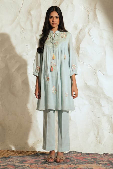 Shop Samatvam By Anjali Bhaskar Aqua Embroidery, Tassels Round Neck Pastel Blue Floral Kurta Set Online at Aza Fashions Shop_Samatvam By Anjali Bhaskar_Aqua Embroidery, Tassels Round Neck Pastel Blue Floral Kurta Set _Online_at_Aza_Fashions