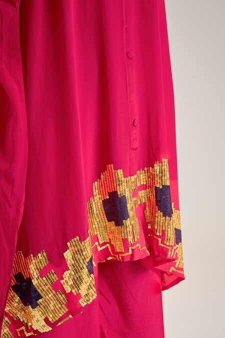 Buy_Studio A_Pink Crepe Sequins Collared Dark Kaftan Set_Online_at_Aza_Fashions
