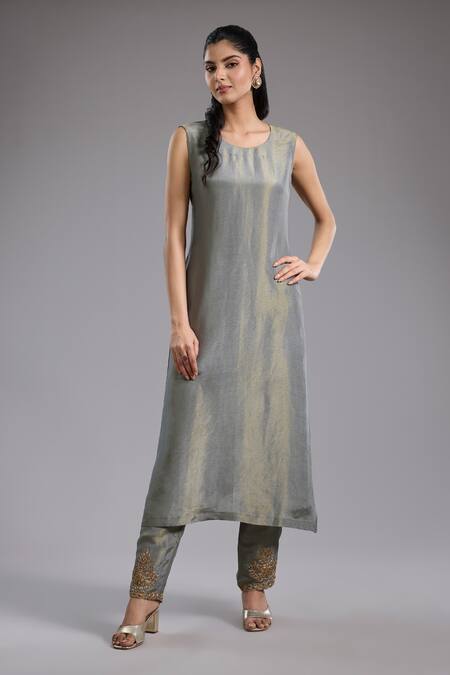 Studio A_Gray Embroidery V-neck Grey Dori Jacket Set _Online_at_Aza_Fashions