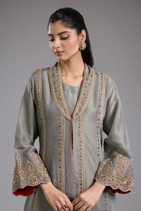 Shop_Studio A_Gray Embroidery V-neck Grey Dori Jacket Set _Online_at_Aza_Fashions