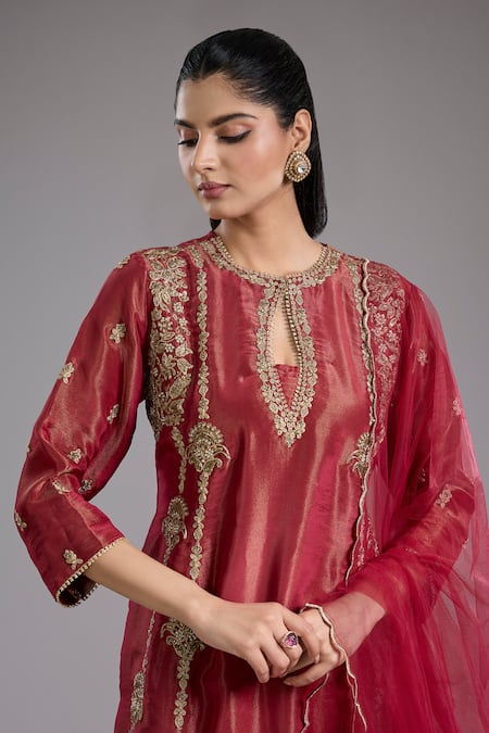 Buy_Studio A_Magenta Tissue, Net Embroidery Keyhole Neck A-line Dori Kurta Set _Online_at_Aza_Fashions