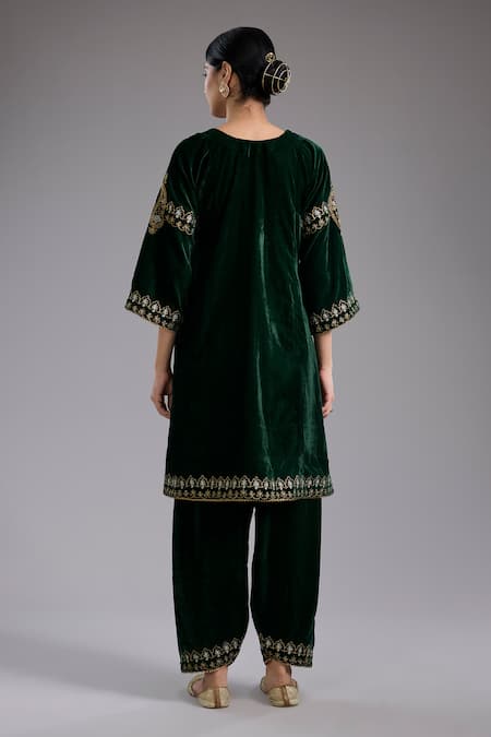 Studio A Green Velvet Aari Embroidered Kurta Set 