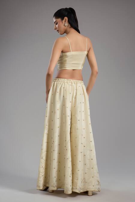Studio A Ivory Tissue, Crepe Embroidery V-, Sweetheart Dori Sharara Set Online at Aza Fashions Studio A_Ivory Tissue, Crepe Embroidery V-, Sweetheart Dori Sharara Set _Online_at_Aza_Fashions