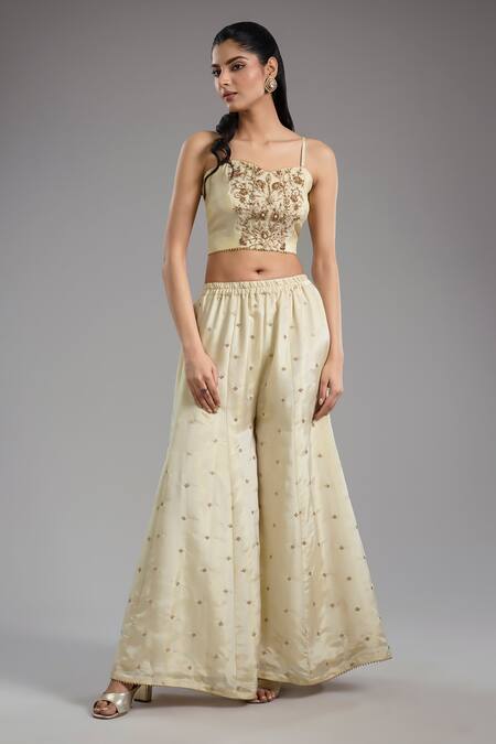 Buy Studio A Ivory Tissue, Crepe Embroidery V-, Sweetheart Dori Sharara Set Online at Aza Fashions Buy_Studio A_Ivory Tissue, Crepe Embroidery V-, Sweetheart Dori Sharara Set _Online_at_Aza_Fashions