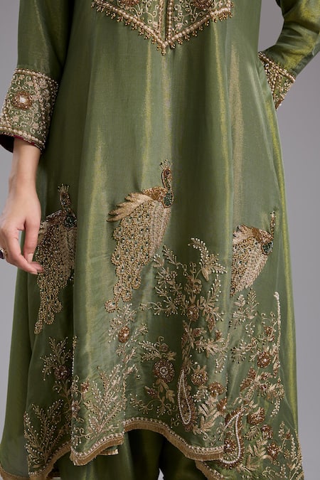 Buy_Studio A_Green Tissue, Net Beads, Sequins Round Neck Anarkali Set With Embroidery _Online_at_Aza_Fashions