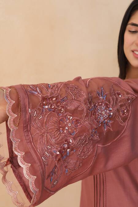 Buy_Midori By Sgv_Pink Cotton, Chanderi, Silk Sequins V-neck Dusty A-line Kurta Set _Online_at_Aza_Fashions