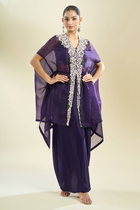 Prisho_Purple Embroidery Zardozi Jacket Skirt Set _at_Aza_Fashions