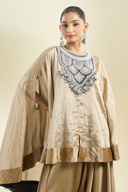 Buy_Prisho_Beige Zari Round Neck Zardozi Embroidered Kaftan And Pant Set 