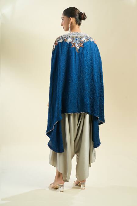 Shop Prisho Navy Embroidery V-neck Scallop Kaftan With Pant at Aza Fashions Shop_Prisho_Navy Embroidery V-neck Scallop Kaftan With Pant _at_Aza_Fashions