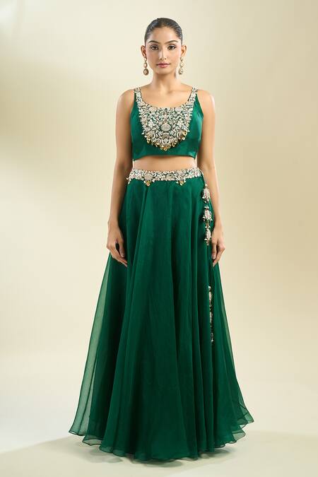 Prisho Emerald Green Embroidery Round Neck Waistband Lehenga Set Online at Aza Fashions Prisho_Emerald Green Embroidery Round Neck Waistband Lehenga Set _Online_at_Aza_Fashions