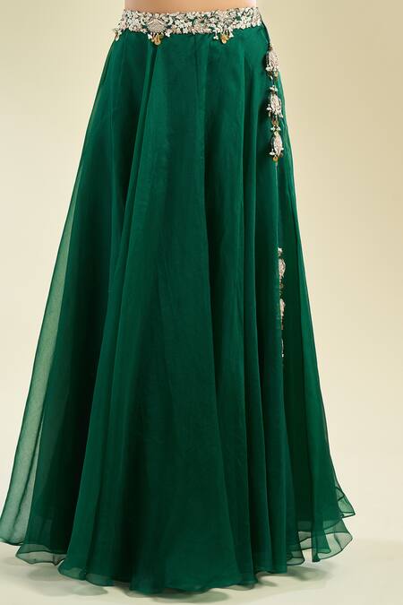 Shop Prisho Emerald Green Embroidery Round Neck Waistband Lehenga Set Online at Aza Fashions Shop_Prisho_Emerald Green Embroidery Round Neck Waistband Lehenga Set _Online_at_Aza_Fashions
