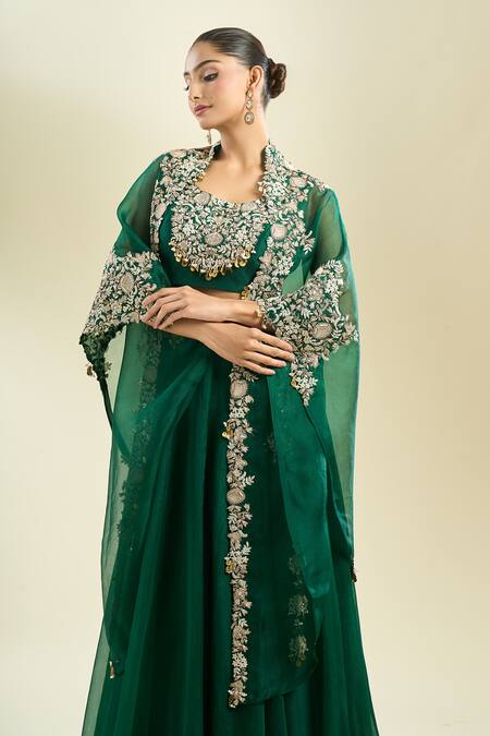 Prisho Emerald Green Embroidery Round Neck Waistband Lehenga Set at Aza Fashions Prisho_Emerald Green Embroidery Round Neck Waistband Lehenga Set _at_Aza_Fashions