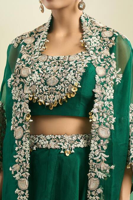 Buy Prisho Emerald Green Embroidery Round Neck Waistband Lehenga Set Buy_Prisho_Emerald Green Embroidery Round Neck Waistband Lehenga Set