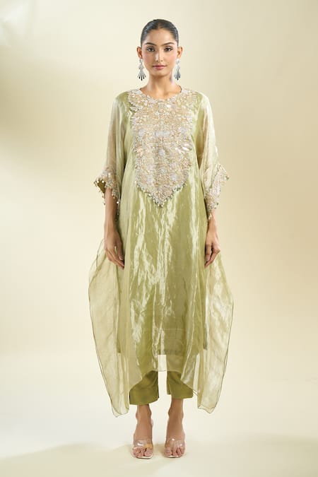 Shop_Prisho_Olive Green Embroidery Round Neck Zardozi Kaftan And Pant Set _Online_at_Aza_Fashions