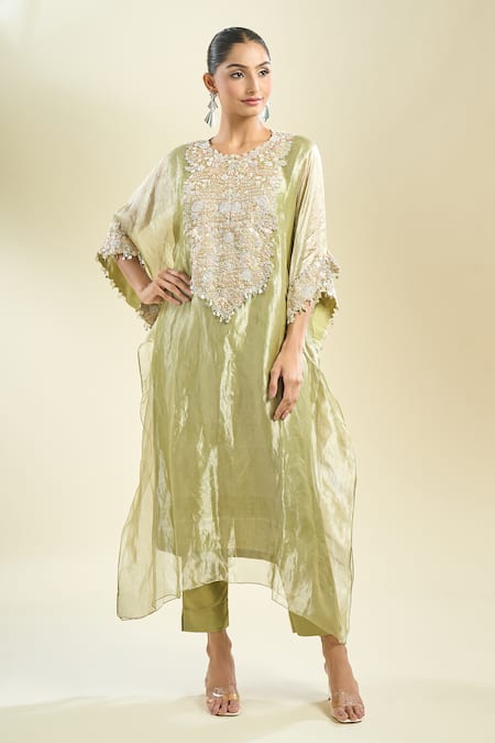 Prisho_Olive Green Embroidery Round Neck Zardozi Kaftan And Pant Set _at_Aza_Fashions