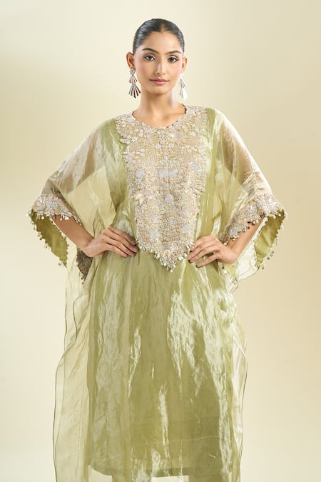 Buy_Prisho_Olive Green Embroidery Round Neck Zardozi Kaftan And Pant Set 