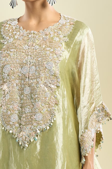 Shop_Prisho_Olive Green Embroidery Round Neck Zardozi Kaftan And Pant Set 