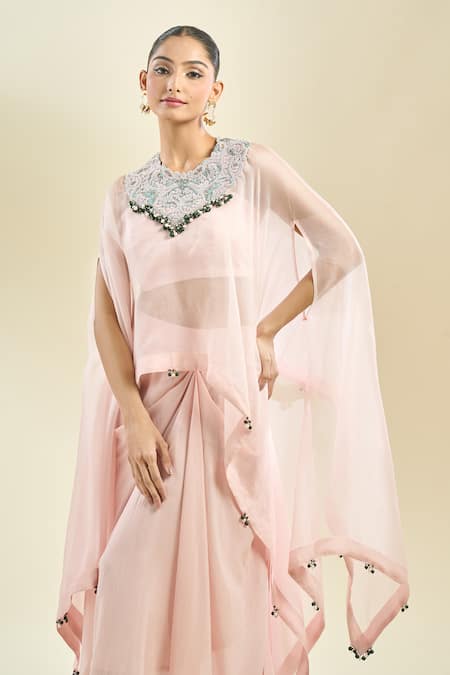 Shop_Prisho_Pink Chiffon, Georgette Beads Round Neck Dori Yoke Embroidered Kaftan Skirt Set _Online_at_Aza_Fashions