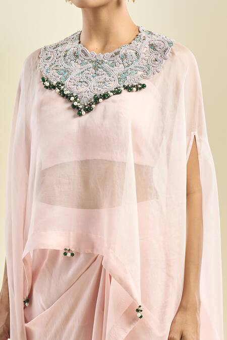 Prisho_Pink Chiffon, Georgette Beads Round Neck Dori Yoke Embroidered Kaftan Skirt Set _at_Aza_Fashions