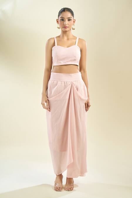 Buy_Prisho_Pink Chiffon, Georgette Beads Round Neck Dori Yoke Embroidered Kaftan Skirt Set 