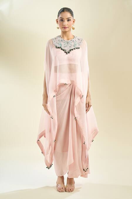 Shop_Prisho_Pink Chiffon, Georgette Beads Round Neck Dori Yoke Embroidered Kaftan Skirt Set 