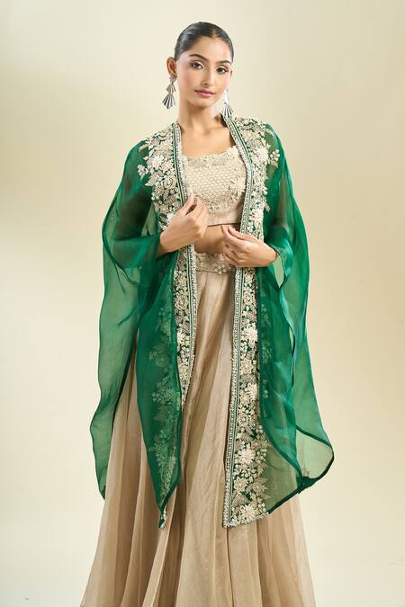 Prisho Beige Zari, Embroidery Round Neck Zardozi Placement Lehenga Set Online at Aza Fashions Prisho_Beige Zari, Embroidery Round Neck Zardozi Placement Lehenga Set _Online_at_Aza_Fashions