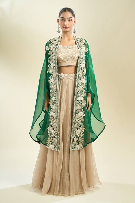 Buy Prisho Beige Zari, Embroidery Round Neck Zardozi Placement Lehenga Set Online at Aza Fashions Buy_Prisho_Beige Zari, Embroidery Round Neck Zardozi Placement Lehenga Set _Online_at_Aza_Fashions