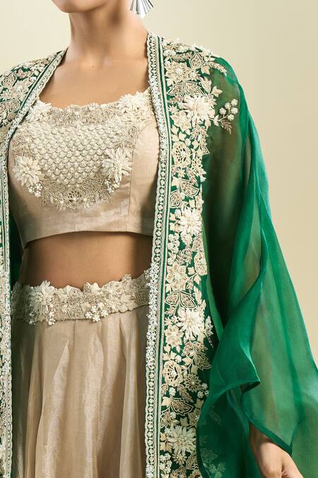 Prisho Beige Zari, Embroidery Round Neck Zardozi Placement Lehenga Set at Aza Fashions Prisho_Beige Zari, Embroidery Round Neck Zardozi Placement Lehenga Set _at_Aza_Fashions