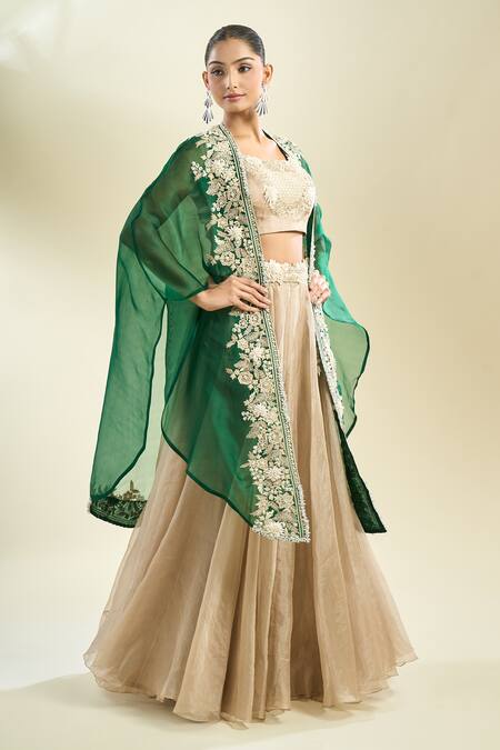 Buy Prisho Beige Zari, Embroidery Round Neck Zardozi Placement Lehenga Set Buy_Prisho_Beige Zari, Embroidery Round Neck Zardozi Placement Lehenga Set