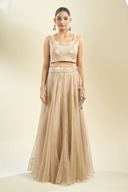 Shop Prisho Beige Zari, Embroidery Round Neck Zardozi Placement Lehenga Set Shop_Prisho_Beige Zari, Embroidery Round Neck Zardozi Placement Lehenga Set
