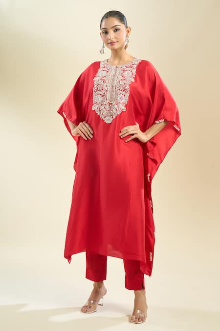Shop_Prisho_Red Gota Patti Round Neck Embellished Kaftan And Pant Set _Online_at_Aza_Fashions