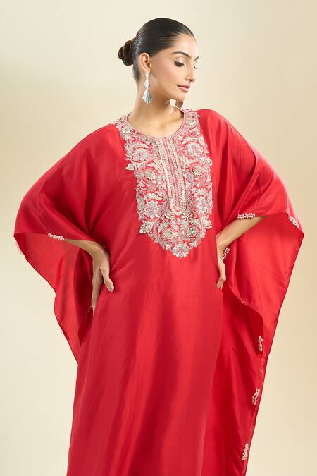 Buy_Prisho_Red Gota Patti Round Neck Embellished Kaftan And Pant Set 