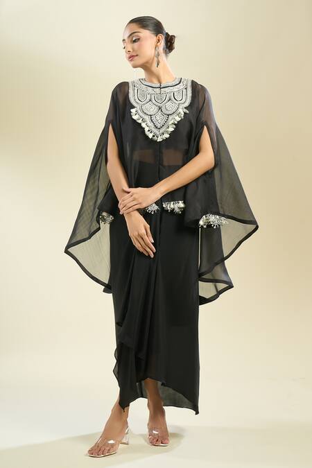 Buy_Prisho_Black Embroidery Round Neck Resham Kaftan Skirt Set _Online_at_Aza_Fashions