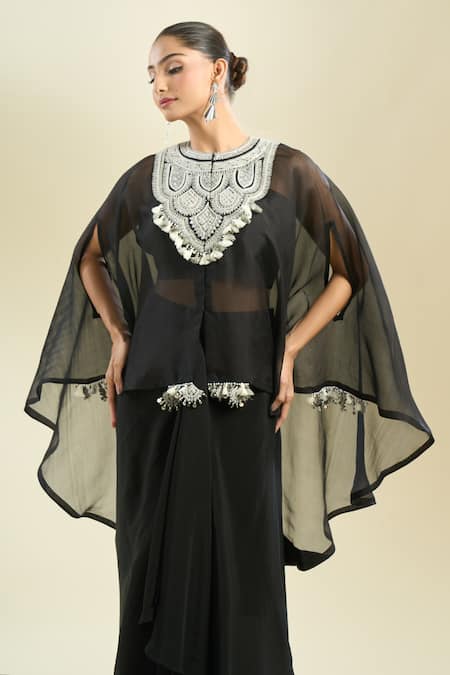 Shop_Prisho_Black Embroidery Round Neck Resham Kaftan Skirt Set _Online_at_Aza_Fashions
