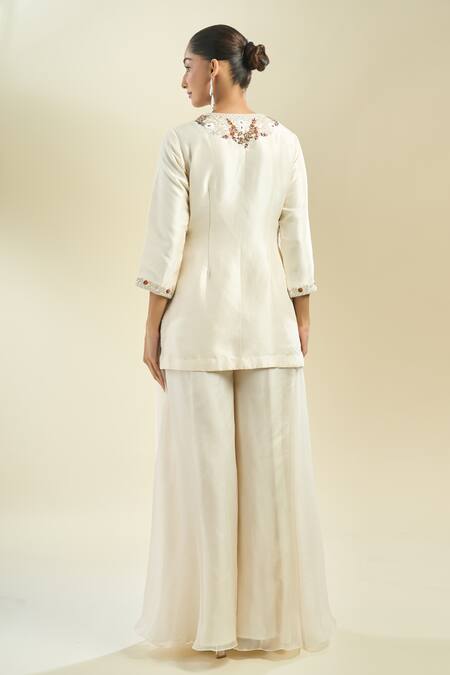 Shop_Prisho_Cream Embroidery Round Neck Kurta Palazzo Set _at_Aza_Fashions