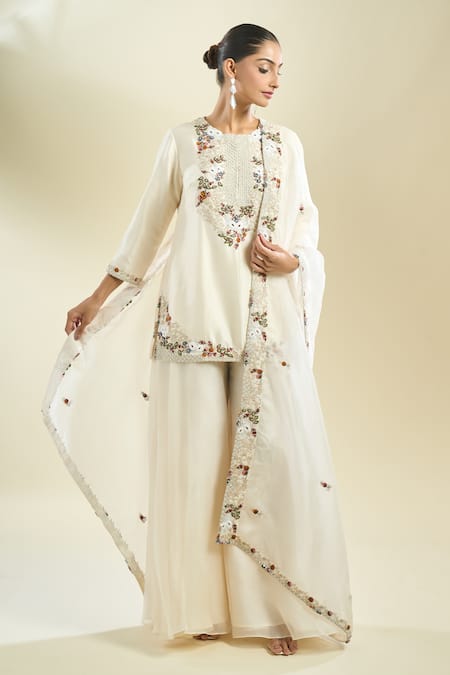 Prisho_Cream Embroidery Round Neck Kurta Palazzo Set _at_Aza_Fashions